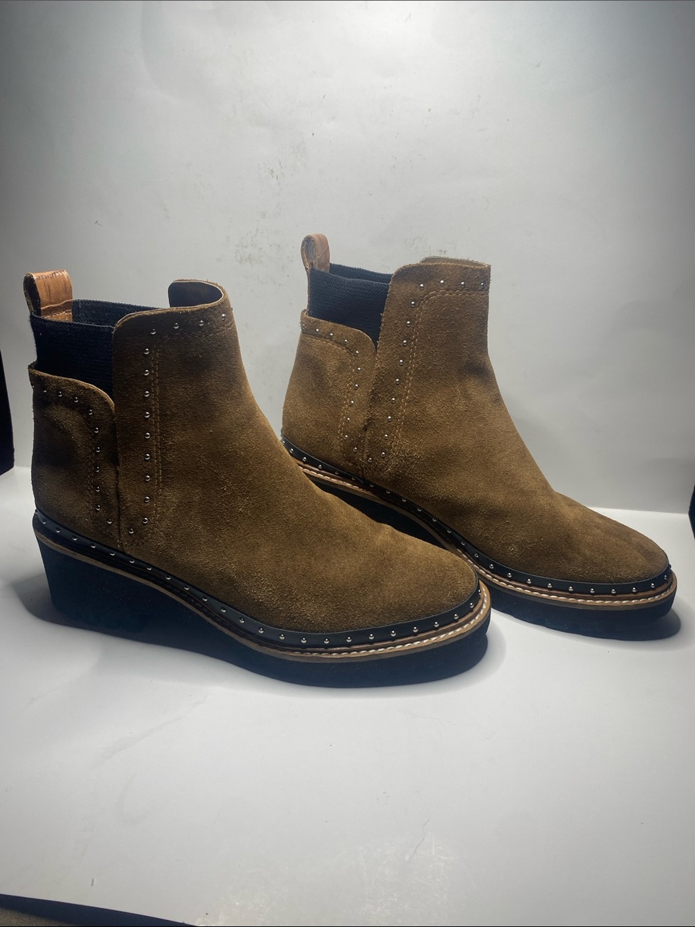 Dolce Vita Tan Suede Chelsea Booties with Stud Accents